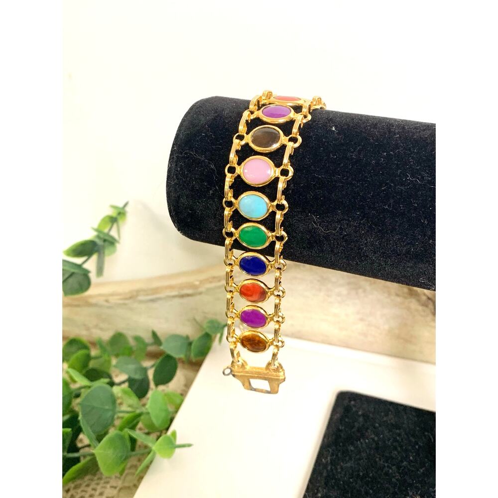 Vintage Tammy Jewels Bracelet Goldtone Multicolor Cabochon Statement Jewelry